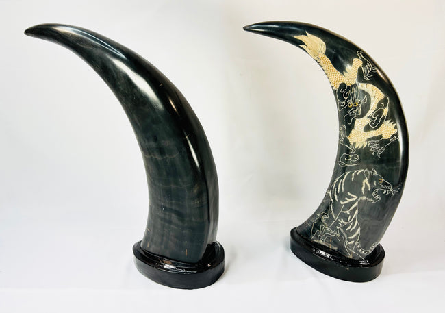 East Asian horn sculptures, 1960–1980, gold-painted dragons and tigers, mirrored composition on lacquered stands