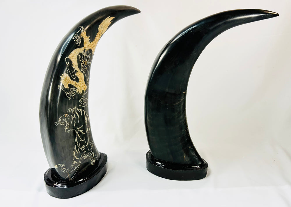 Vintage East Asian water buffalo horn art, celestial dragon and tiger motifs etched and painted in gold
