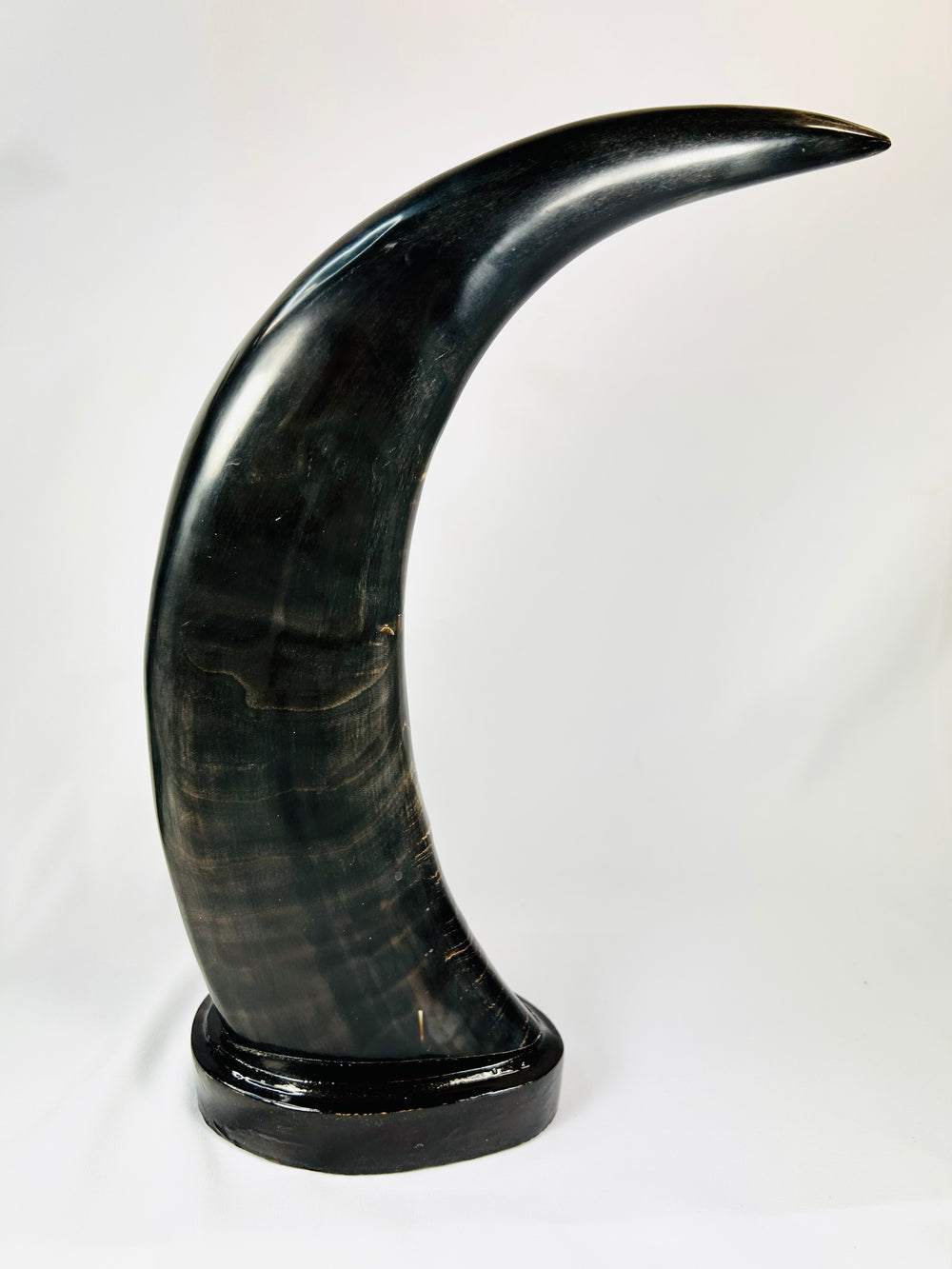 Mid-20th-century East Asian decorative horn sculptures with dragons, tigers, clouds, and black lacquered mounts