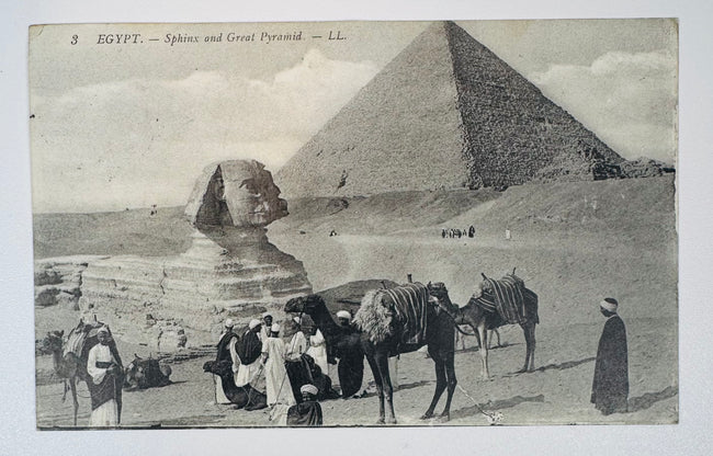 Antique Egyptian postcard depicting the Great Sphinx and Great Pyramid at Giza, dating to circa 1906–1914.