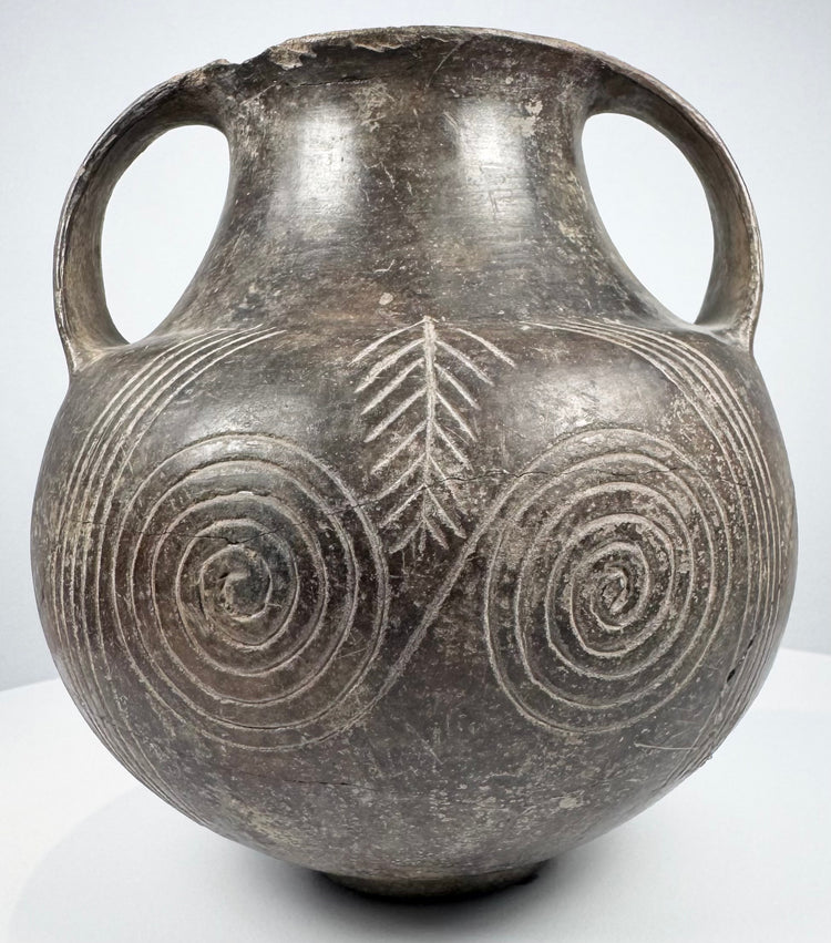 Etruscan spiral amphora with both loop handles visible and two large concentric spiral motifs dominating the darker ancient surface.