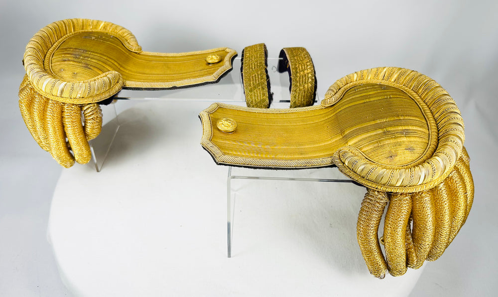 Historic naval officer dress epaulettes with bullion work and fitted velvet-lined case