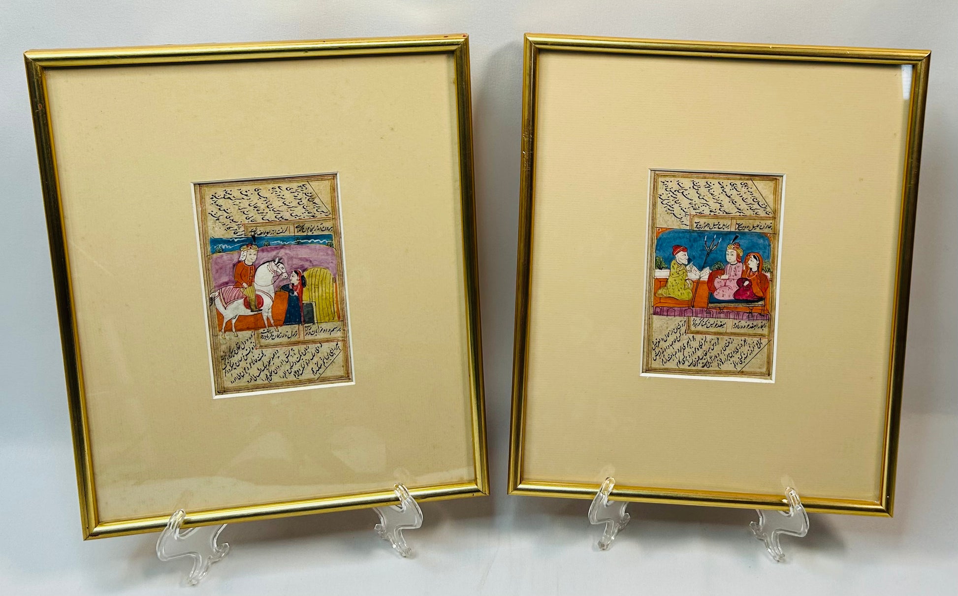 Antique Persian manuscript paintings with courtly scenes and calligraphy panels