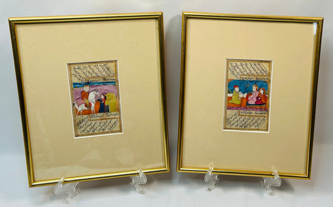 Antique Persian manuscript paintings with courtly scenes and calligraphy panels