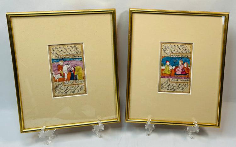 Antique Persian manuscript paintings with courtly scenes and calligraphy panels