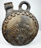 Circular Andean ceramic vessel with stylized face and ceremonial plumage motifs