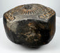 Ancient Andean pottery vessel with textured black surface and radiating motifs