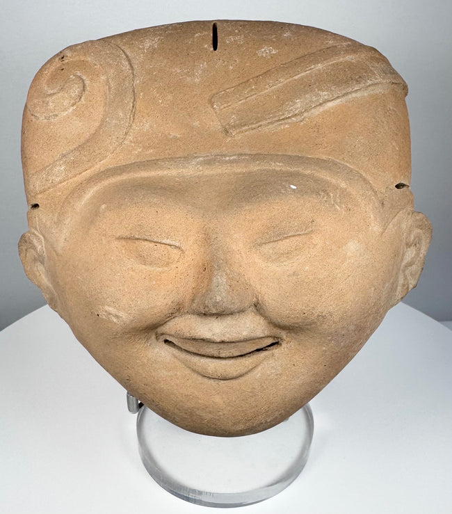 Classic Veracruz terracotta Sonriente head with broad smiling expression and elaborate ceremonial headdress