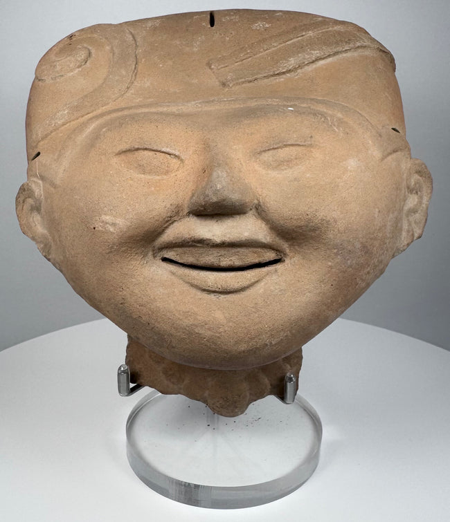Pre-Columbian Veracruz Sonriente sculpture with open smiling mouth and raised headdress decoration