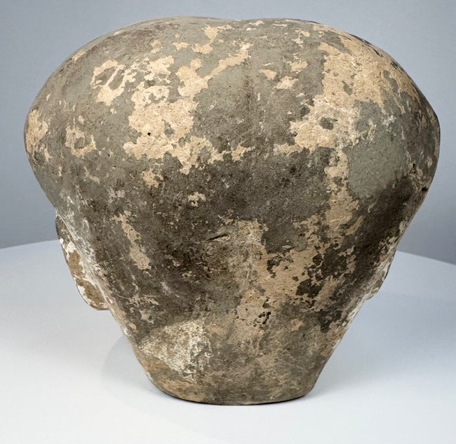 Chinese earthenware head attributed to the Ming Dynasty with mineral deposits and preserved surface patina