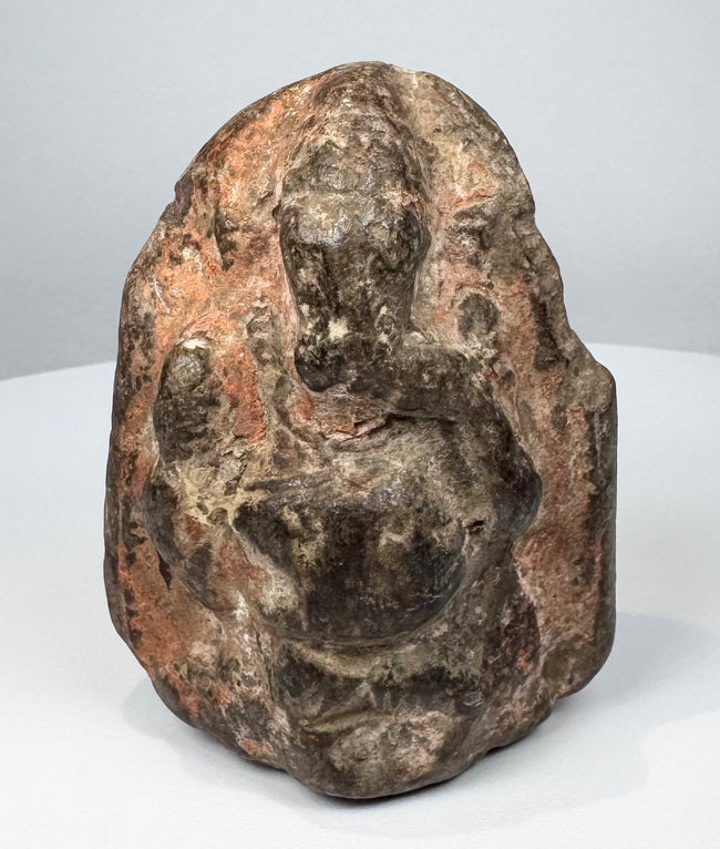 South India sandstone devotional figure of Ganesha with worn surface and surviving pigment