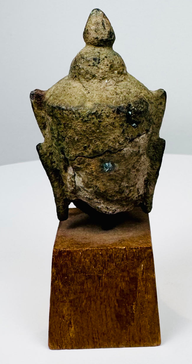 Cast bronze Buddha head from Thailand with olive-brown patina and green oxidation