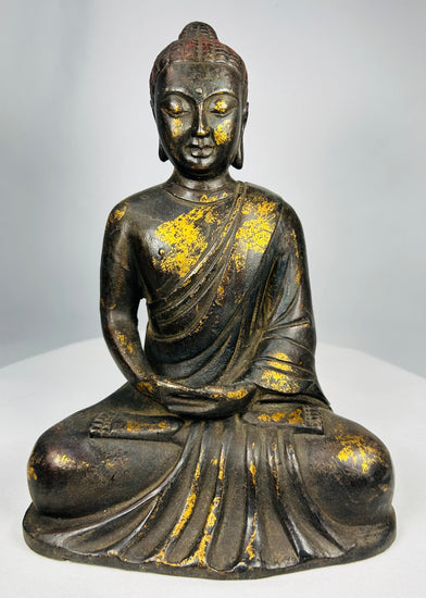 Antique Chinese bronze Buddha with gilt remnants in lotus meditation posture