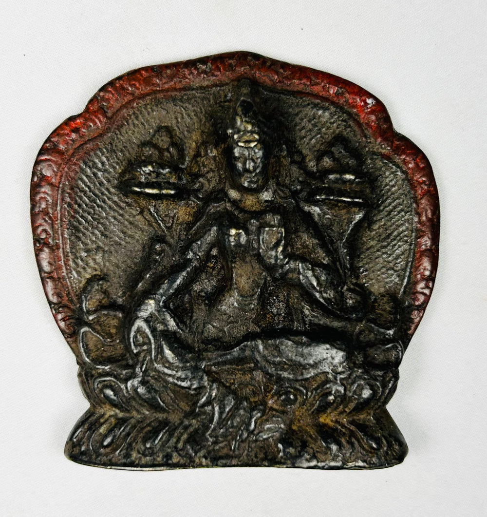 Tibetan devotional bronze plaque with inscribed reverse surface