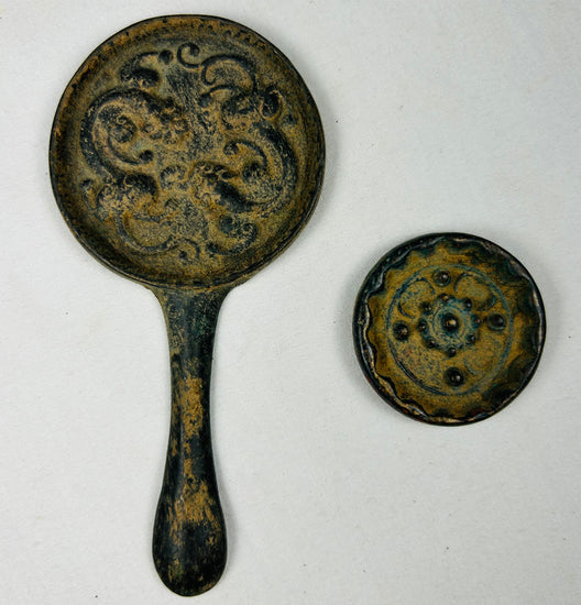 Antique Chinese handled bronze mirror with smaller travel mirror