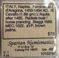 Original Spartan Numismatics identification label for the Ferdinando I d'Aragona Cavallo from the L'Aquila mint.