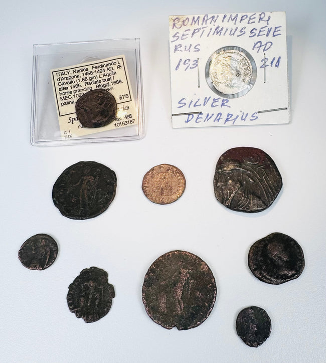 Ancient and medieval coin collection with Roman, Elymaean and Neapolitan issues alongside original collector documentation.