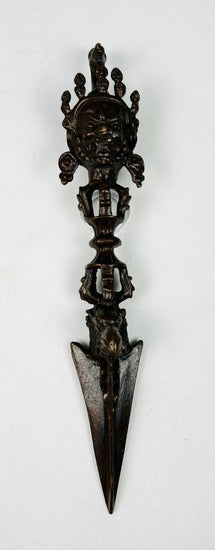 Bronze phurba ritual dagger with double vajra shrine implement