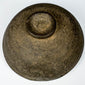 Underside of an ancient Chinese gray pottery bowl showing the circular foot, unglazed earthenware surface, and historic wear.