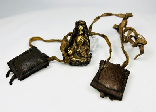 Tibetan devotional Gau amulet with attached leather pouches