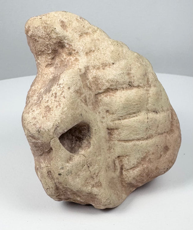 Ancient Taíno three-pointer in pale stone with abstract ritual imagery and extensive surface weathering.