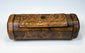 19th-century English treen snuff box in richly figured burr walnut with ebony-style banding and hinged lid.