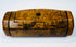 British 19th-century wooden snuff box with figured walnut grain, hinged top, and small circular dark inset.