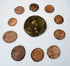Group of 10 ancient Roman bronze coins from the 3rd–4th century CE with brown, reddish, dark bronze, and green surface patina.