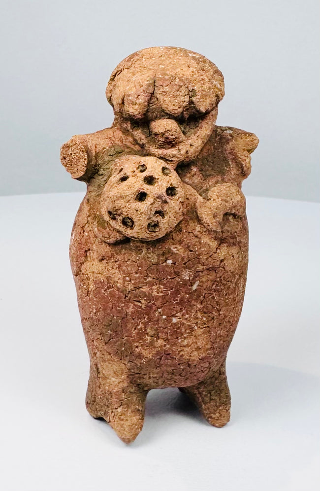 Late Classic Maya hollow terracotta standing figure rattle with reddish-brown archaeological patina