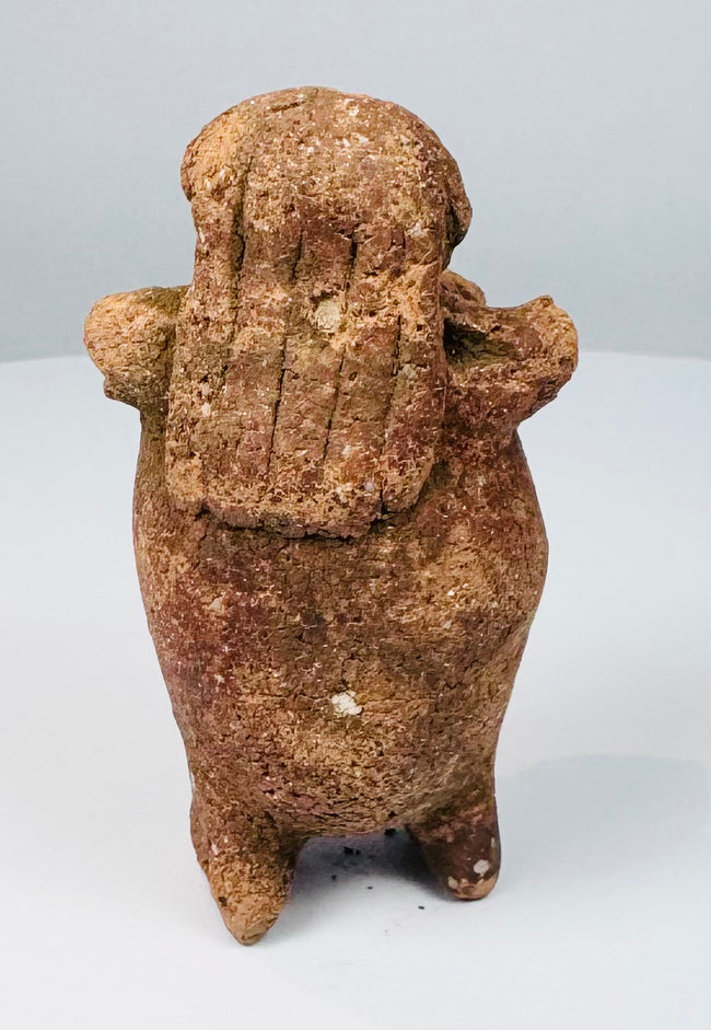 Ancient Maya ceramic figural rattle with elaborate headdress and modeled facial features