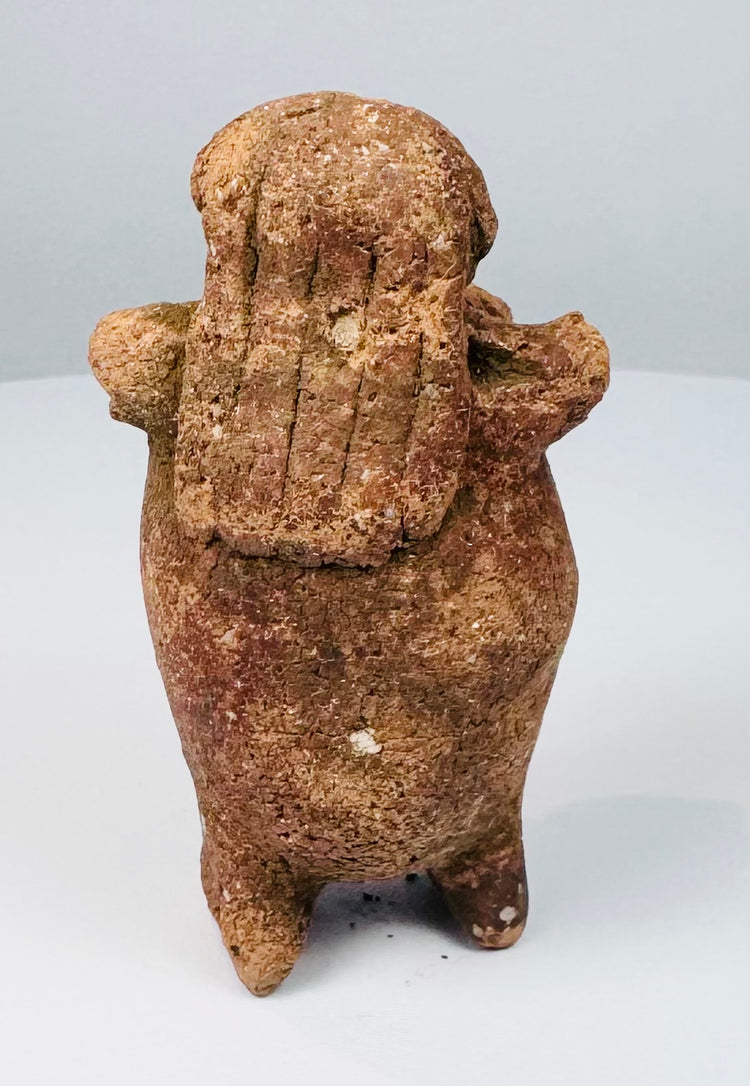 Ancient Maya ceramic figural rattle with elaborate headdress and modeled facial features