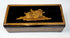 Top view of Anglo-Indian marquetry box showing reclining figural wood inlay and decorative borders