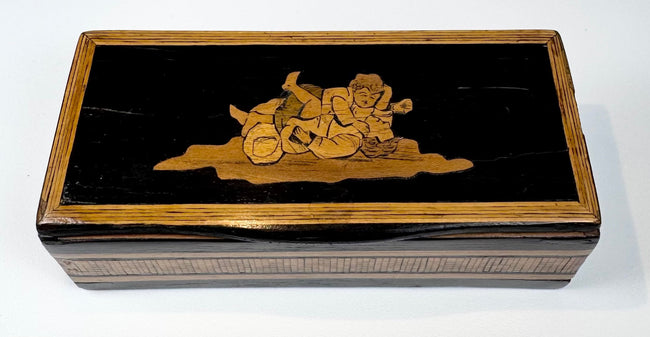 Anglo-Indian marquetry keepsake box with geometric wood mosaic banding, three-quarter view