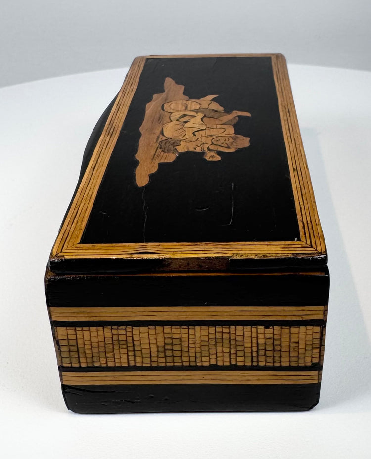 Side view of Anglo-Indian box with geometric Sadeli-style wood mosaic banding