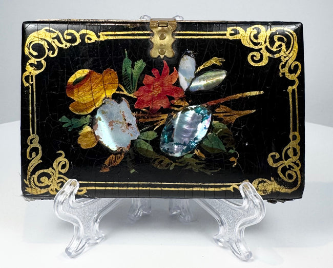 Victorian papier-mâché card case featuring iridescent mother-of-pearl flowers against black lacquer