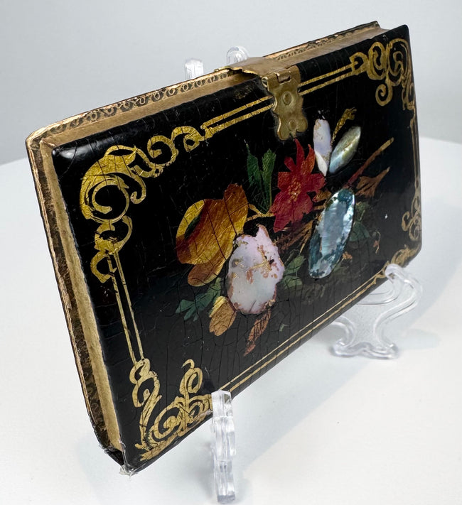 Victorian mother-of-pearl calling card case showing richly decorated lacquered surface and gilt detailing