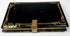 Reverse of Victorian black lacquer calling card case with gilt scrollwork border and brass clasp