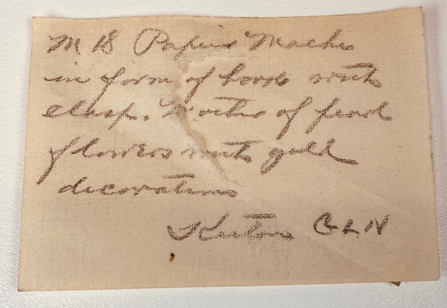 Old handwritten collection or inventory slip retained with the Victorian calling card case
