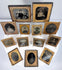 Antique ambrotype and tintype-style portrait collection with decorative gilt-metal mats and preservers