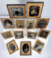 Antique ambrotype and tintype-style portrait collection with decorative gilt-metal mats and preservers