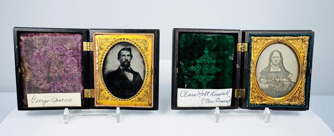 George Bascom and Clara Holt Kimball Victorian portraits displayed together with handwritten identification labels