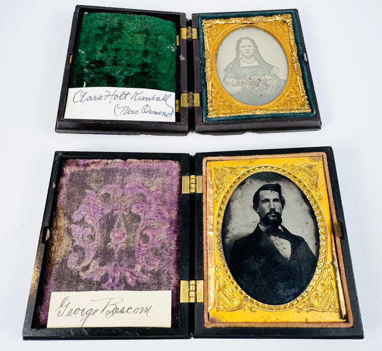 Pair of Victorian cased photographs showing George Bascom and Clara Holt Kimball with original velvet interiors