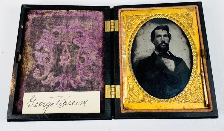 George Bascom mid-19th-century portrait in ornate gilt brass oval mat with purple velvet Union case lining