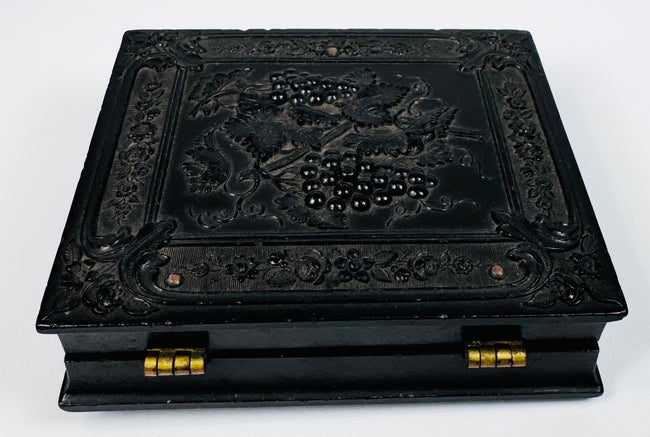 Mid-19th-century thermoplastic photographic case with ornate molded relief decoration and brass hinges