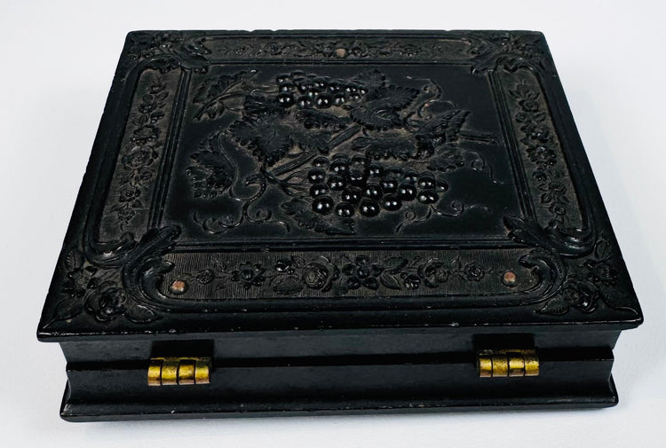 Mid-19th-century thermoplastic photographic case with ornate molded relief decoration and brass hinges