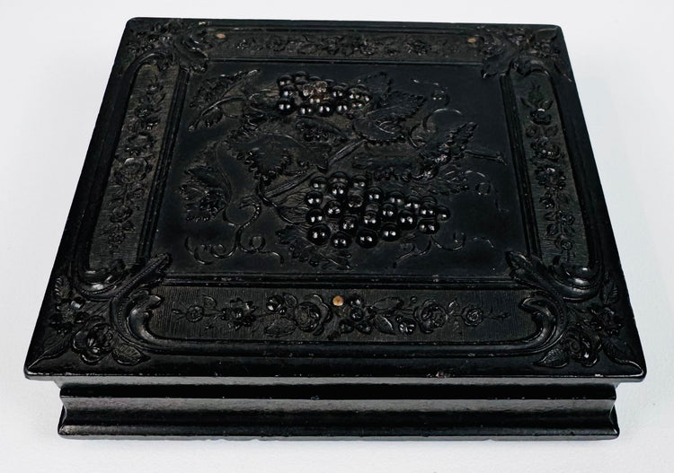 Closed Victorian Union case showing raised molded floral and geometric decoration on dark thermoplastic exterior