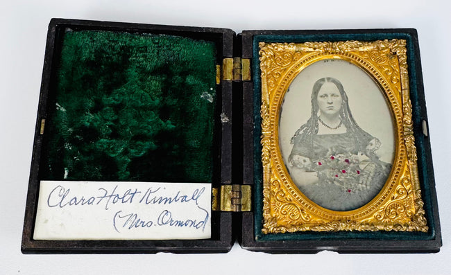 Clara Holt Kimball Victorian portrait with hand-colored bouquet, gilt brass mat, and green velvet case lining