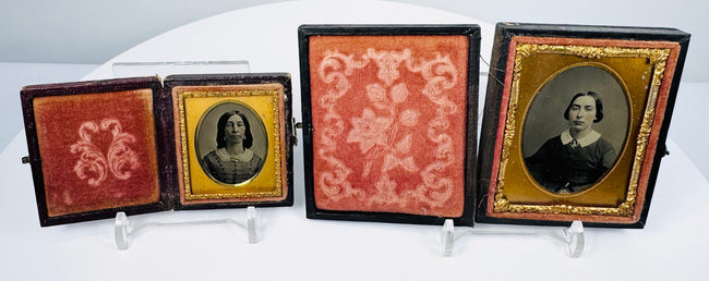 Mid-19th-century female portrait pair with period cases, gilt-brass surrounds, and velvet linings