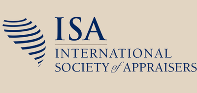 ISA International Society of Appraisers logo featuring a stylized blue globe emblem and serif text on a clean white background