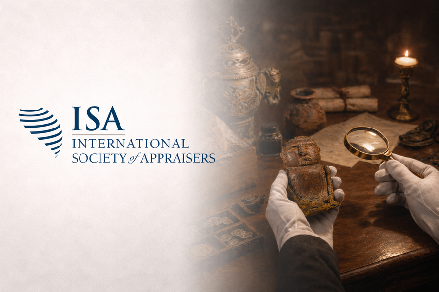 International Society of Appraisers (ISA) logo displayed alongside a historical artifact examination scene, with gloved hands inspecting an antiquity using a magnifying glass in a curated, museum-style setting.
